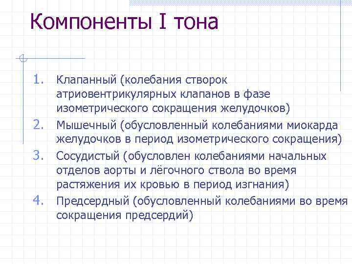 Компоненты І тона 1. Клапанный (колебания створок 2. 3. 4. атриовентрикулярных клапанов в фазе