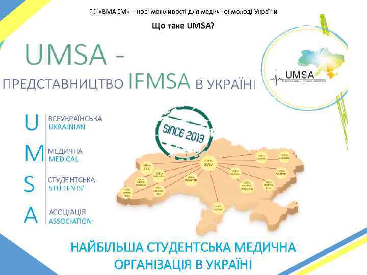 ГО «ВМАСМ» – нові можливості для медичної молоді України Що таке UMSA? НАЙБІЛЬША СТУДЕНТСЬКА
