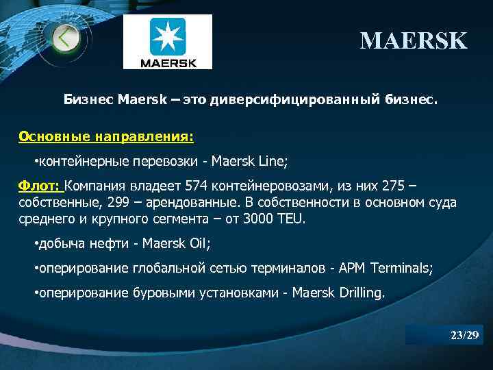 MAERSK Бизнес Maersk – это диверсифицированный бизнес. Основные направления: • контейнерные перевозки - Maersk