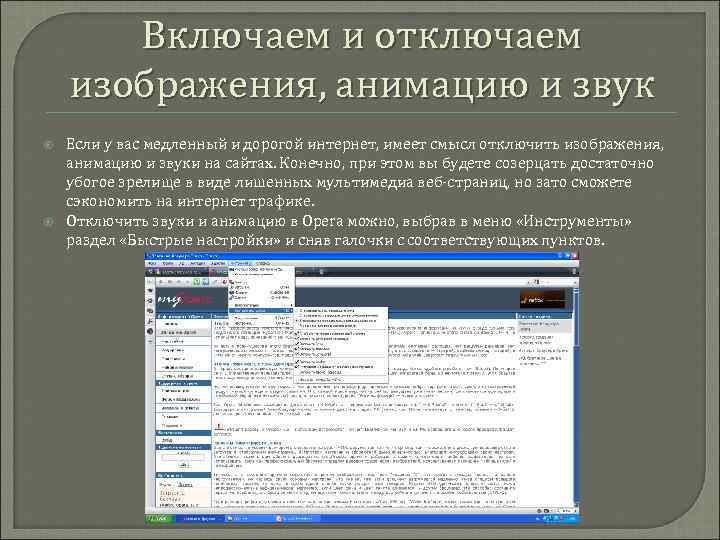 Включаем и отключаем изображения, анимацию и звук Если у вас медленный и дорогой интернет,