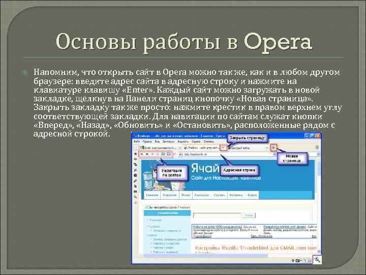 Основы работы в Opera Напомним, что открыть сайт в Opera можно так же, как