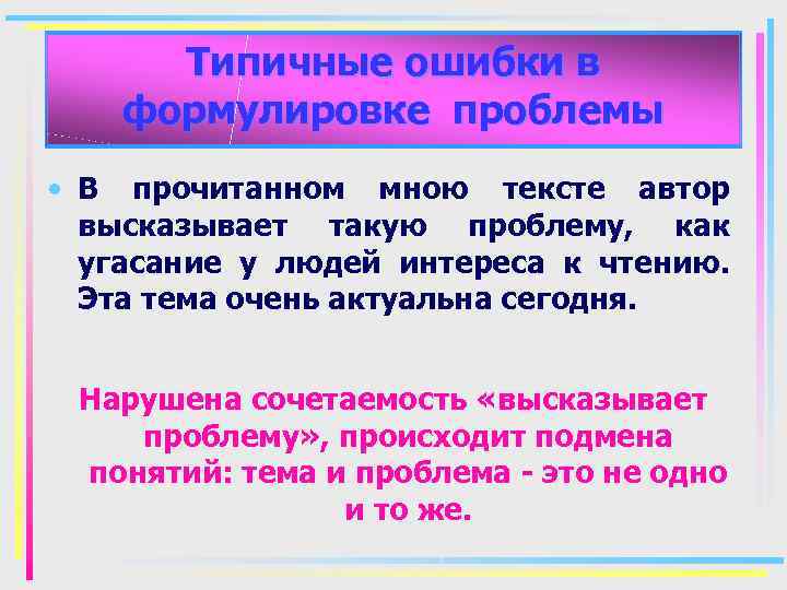 Типичные ошибки в формулировке проблемы • В прочитанном мною тексте автор высказывает такую проблему,