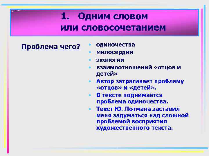 1. Одним словом или словосочетанием Проблема чего? • • одиночества милосердия экологии взаимоотношений «отцов