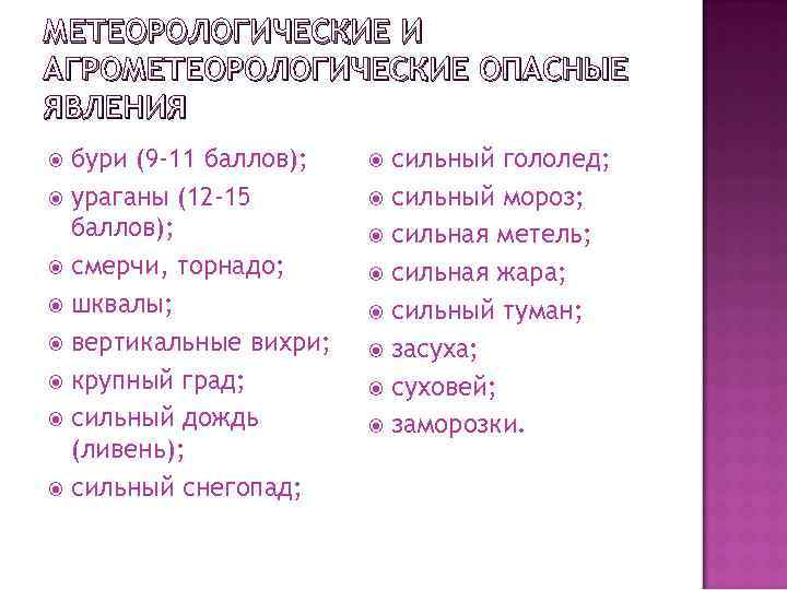 МЕТЕОРОЛОГИЧЕСКИЕ И АГРОМЕТЕОРОЛОГИЧЕСКИЕ ОПАСНЫЕ ЯВЛЕНИЯ бури (9 -11 баллов); ураганы (12 -15 баллов); смерчи,