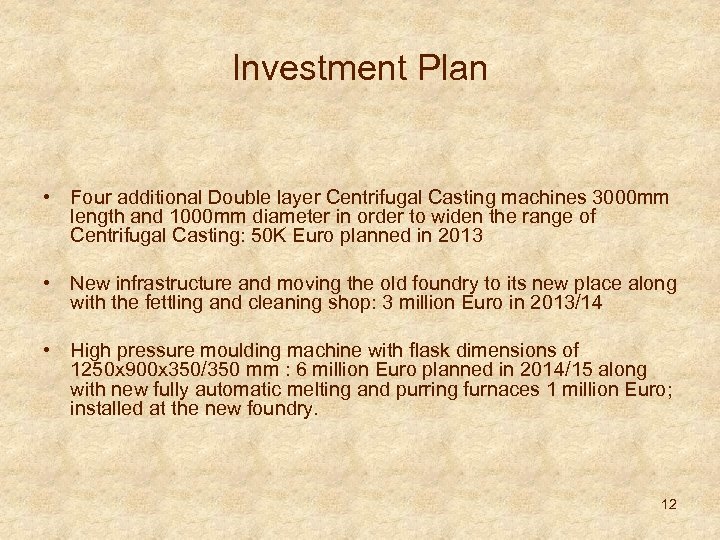 Investment Plan • Four additional Double layer Centrifugal Casting machines 3000 mm length and