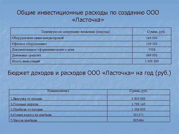 Общие инвестиционные расходы по созданию ООО «Ласточка» Планируются следующие вложения (покупка) Сумма, руб. Оборудование