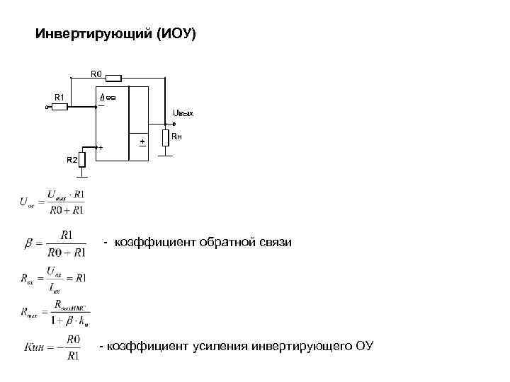 Инвертирующий (ИОУ) - коэффициент обратной связи - коэффициент усиления инвертирующего ОУ 