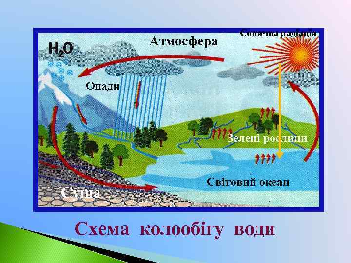 Атмосфера Сонячна радіація Опади Зелені рослини Суша Світовий океан Схема колообігу води 
