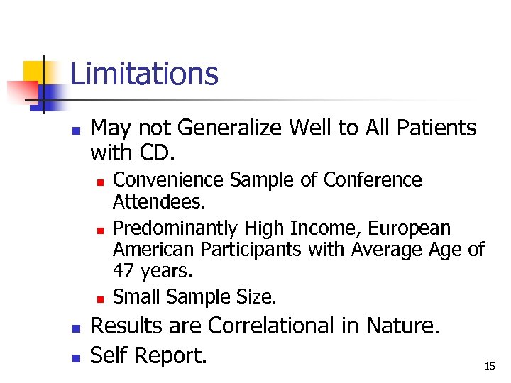 Limitations n May not Generalize Well to All Patients with CD. n n n