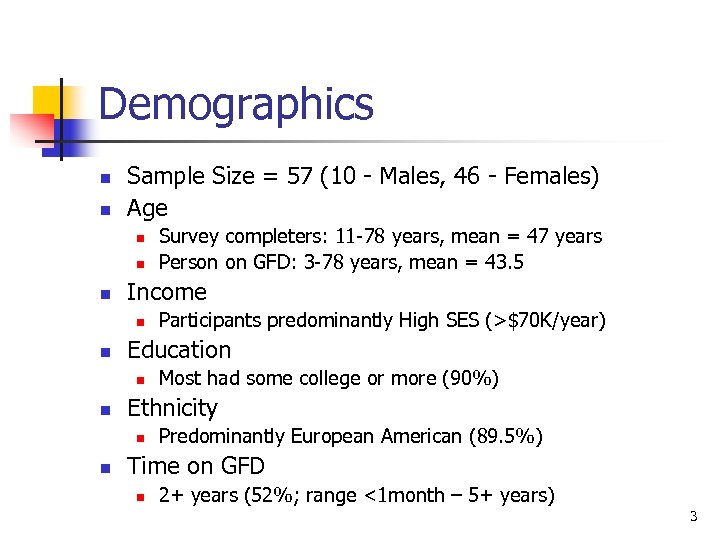 Demographics n n Sample Size = 57 (10 - Males, 46 - Females) Age