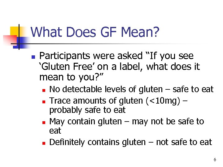 What Does GF Mean? n Participants were asked “If you see ‘Gluten Free’ on