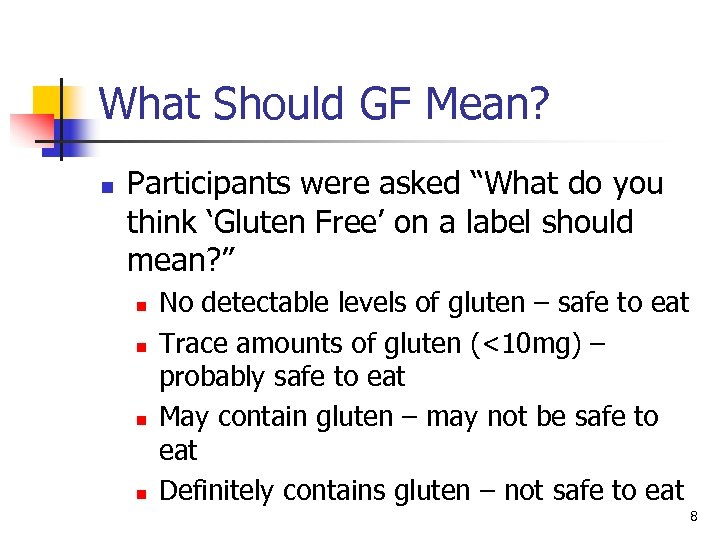 What Should GF Mean? n Participants were asked “What do you think ‘Gluten Free’