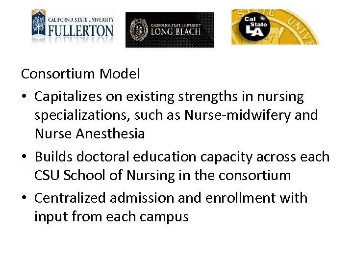 Consortium Model • Capitalizes on existing strengths in nursing specializations, such as Nurse-midwifery and