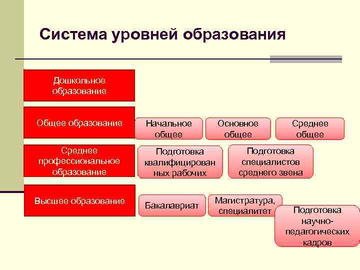 Система уровней образования Дошкольное образование Общее образование Начальное общее Среднее профессиональное образование Подготовка квалифицирован