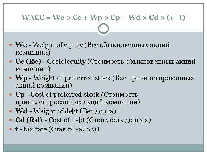 WACC = We × Ce + Wp × Cp + Wd × Cd ×
