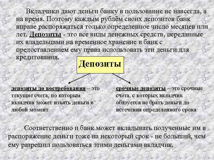  Вкладчики дают деньги банку в пользование не навсегда, а на время. Поэтому каждым