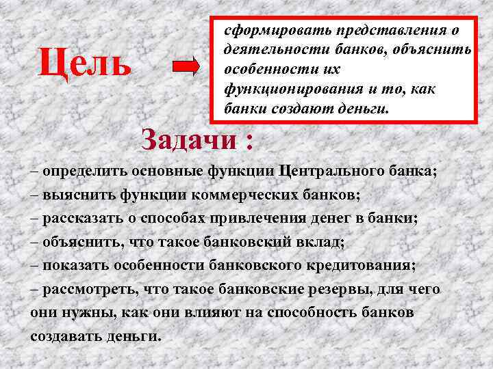 Цель сформировать представления о деятельности банков, объяснить особенности их функционирования и то, как банки
