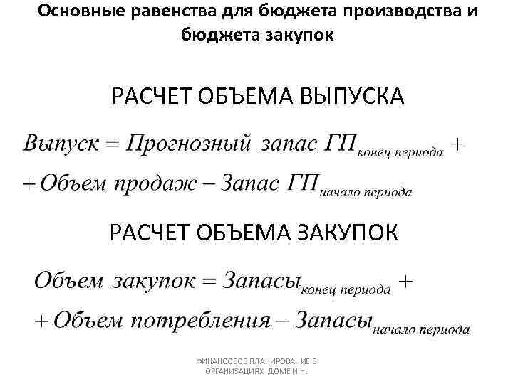 Основные равенства для бюджета производства и бюджета закупок РАСЧЕТ ОБЪЕМА ВЫПУСКА РАСЧЕТ ОБЪЕМА ЗАКУПОК