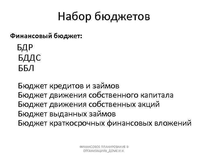 Набор бюджетов Финансовый бюджет: БДР БДДС ББЛ Бюджет кредитов и займов Бюджет движения собственного