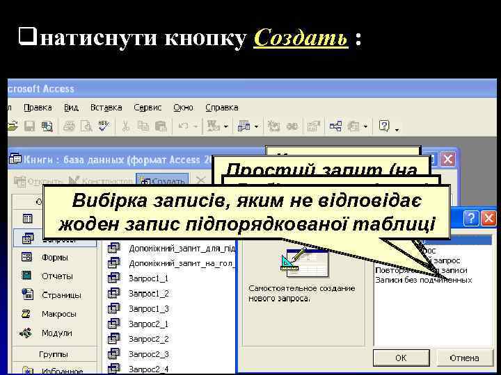 qнатиснути кнопку Создать : Конструктор Простий запит (на запитів Вибірка записів, які базі однієї