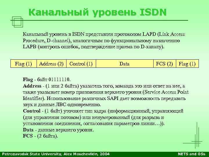 Канальный уровень ISDN Канальный уровень в ISDN представлен протоколом LAPD (Link Access Procedure, D-channel),