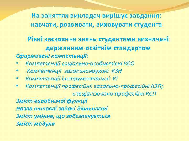 Нa заняттях викладач вирішує завдання: навчати, розвивати, виховувати студента Рівні засвоєння знань студентами визначені
