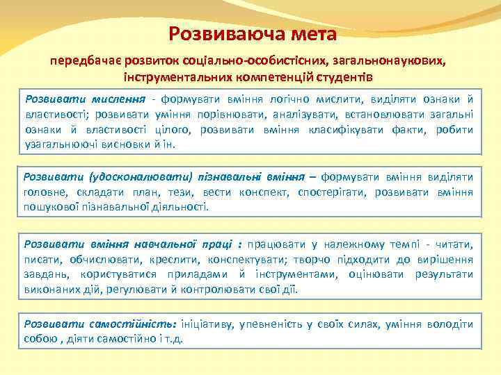 Розвиваюча мета передбачає розвиток соціально-особистісних, загальнонаукових, інструментальних компетенцій студентів Розвивати мислення - формувати вміння