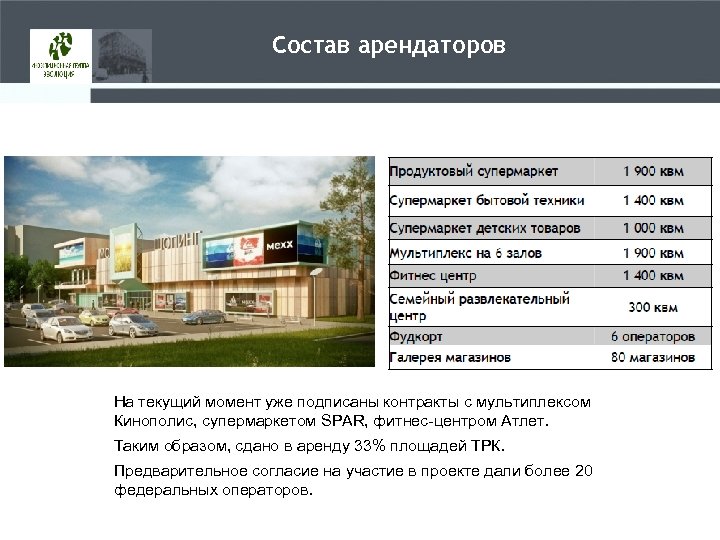 Состав арендаторов На текущий момент уже подписаны контракты с мультиплексом Кинополис, супермаркетом SPAR, фитнес-центром