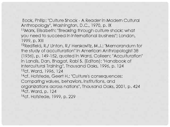  Bock, Philip: "Culture Shock - A Reader in Modern Cultural Anthropology", Washington, D.