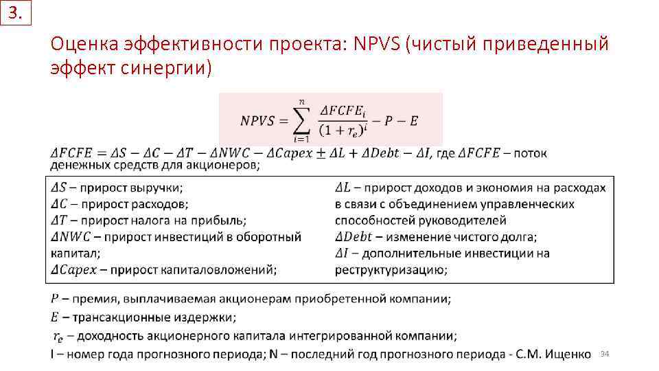 3. Оценка эффективности проекта: NPVS (чистый приведенный эффект синергии) • 34 