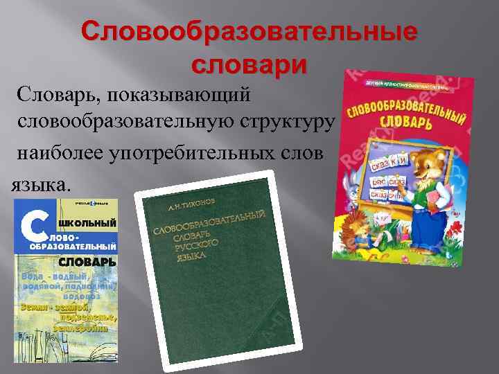 Словообразовательные словари Словарь, показывающий словообразовательную структуру наиболее употребительных слов языка. 