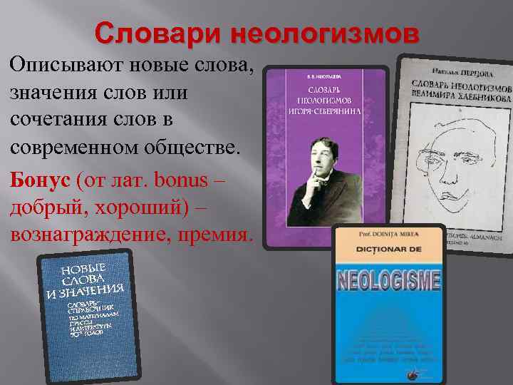 Словари неологизмов Описывают новые слова, значения слов или сочетания слов в современном обществе. Бонус