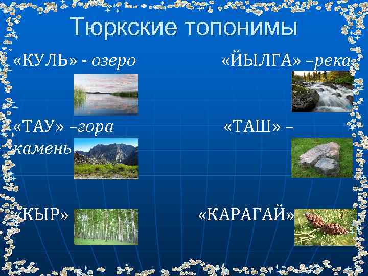 Тюркские топонимы «КУЛЬ» - озеро «ЙЫЛГА» –река «ТАУ» –гора камень «ТАШ» – «КЫР» –