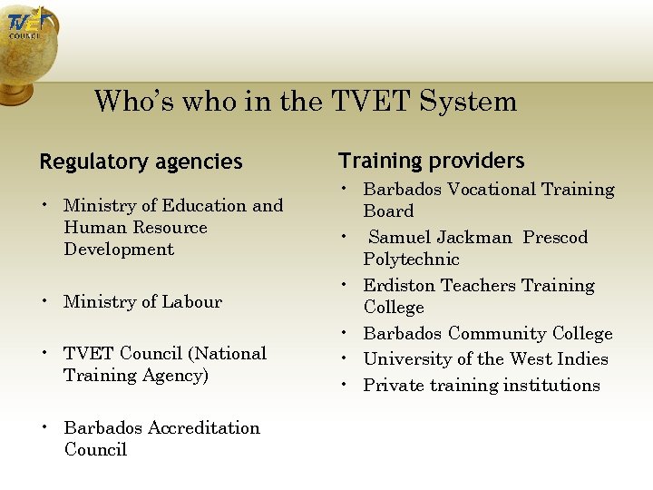 Who’s who in the TVET System Regulatory agencies • Ministry of Education and Human