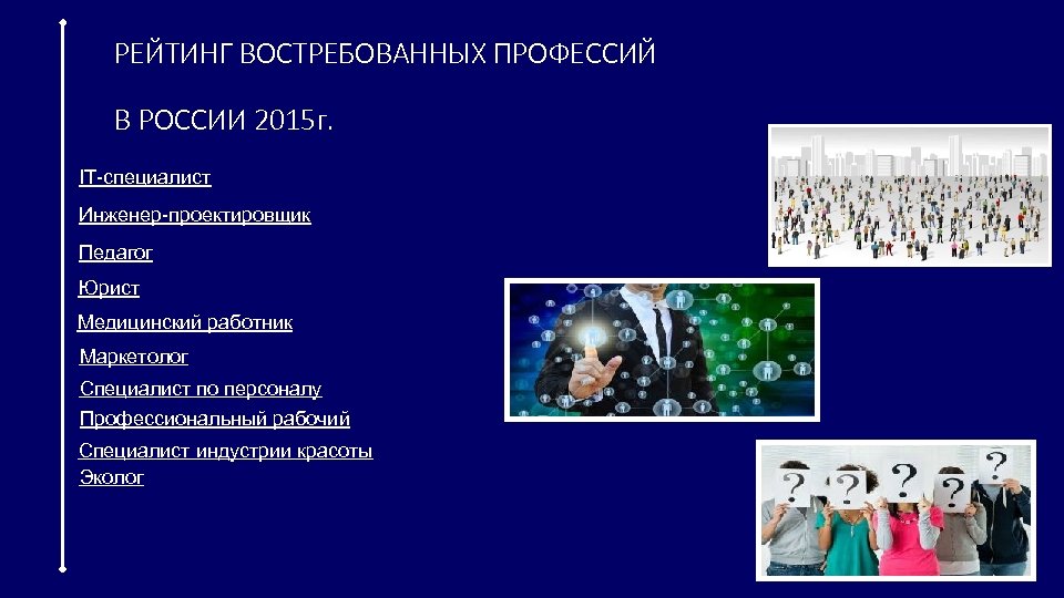 РЕЙТИНГ ВОСТРЕБОВАННЫХ ПРОФЕССИЙ В РОССИИ 2015 г. IT-специалист Инженер-проектировщик Педагог Юрист Медицинский работник Маркетолог