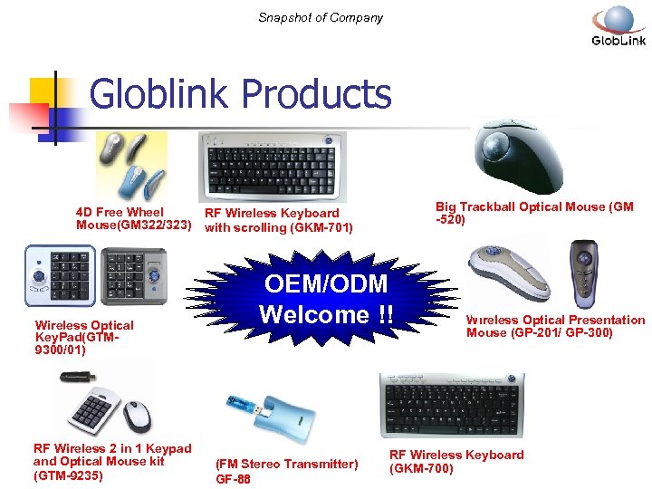 Snapshot of Company Globlink Products 4 D Free Wheel Mouse(GM 322/323) Wireless Optical Key.