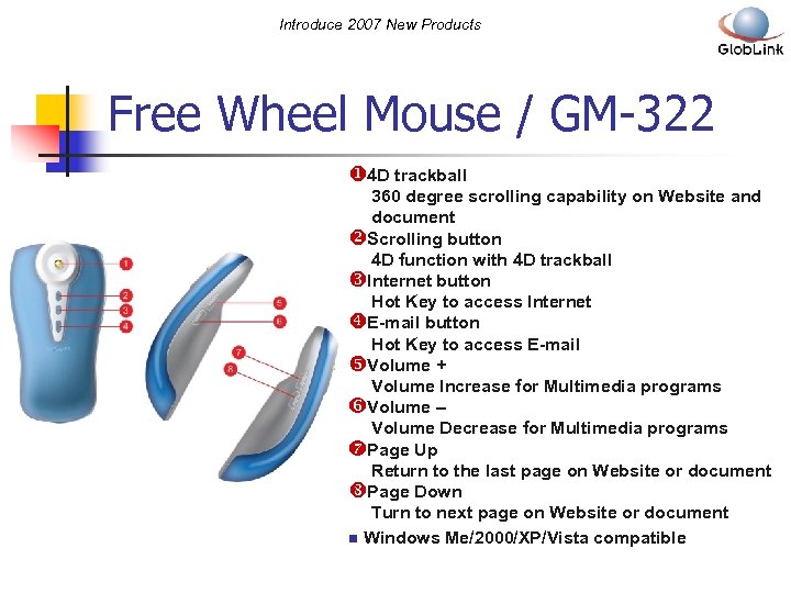 Introduce 2007 New Products Free Wheel Mouse / GM-322 u 4 D trackball 360