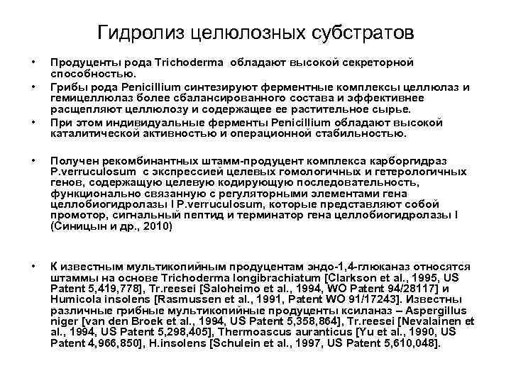 Гидролиз целюлозных субстратов • • • Продуценты рода Trichoderma обладают высокой секреторной способностью. Грибы