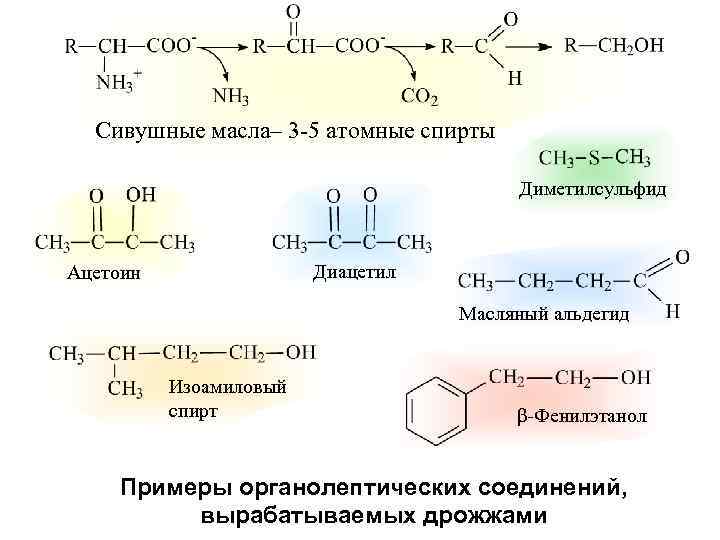 Сивушные масла– 3 -5 атомные спирты Диметилсульфид Диацетил Ацетоин Масляный альдегид Изоамиловый спирт β-Фенилэтанол