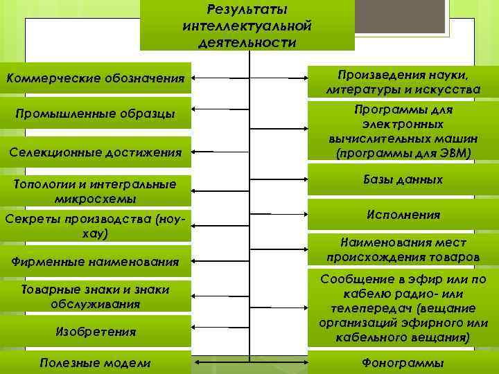 Результаты интеллектуальной деятельности Коммерческие обозначения Произведения науки, литературы и искусства Промышленные образцы Программы для
