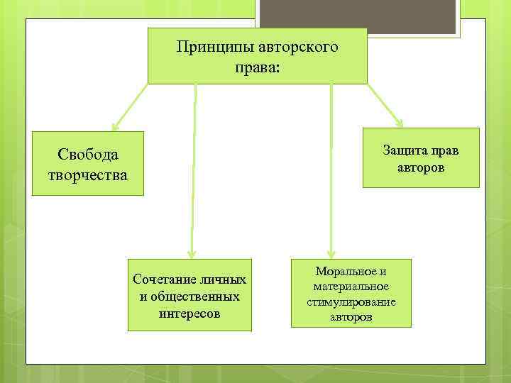 Принципы авторского права: Защита прав авторов Свобода творчества Сочетание личных и общественных интересов Моральное