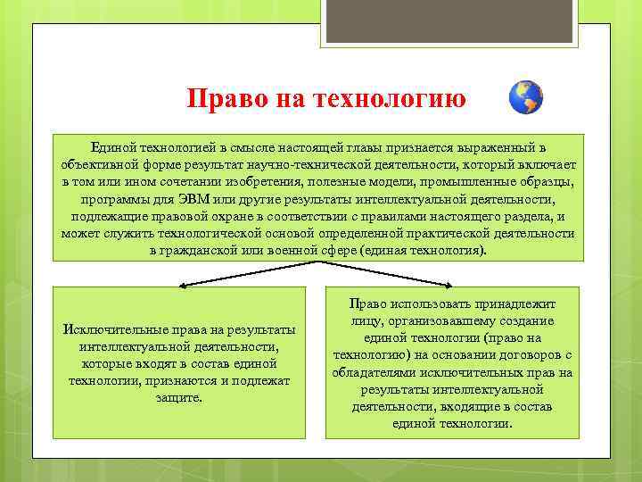 Право на технологию Единой технологией в смысле настоящей главы признается выраженный в объективной форме