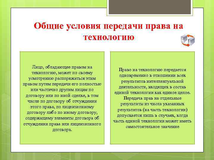 Общие условия передачи права на технологию Лицо, обладающее правом на технологию, может по своему