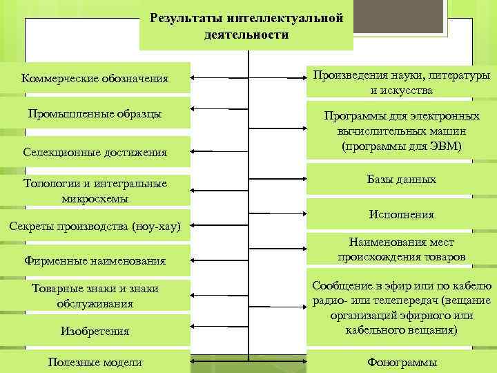 Результаты интеллектуальной деятельности Коммерческие обозначения Произведения науки, литературы и искусства Промышленные образцы Программы для