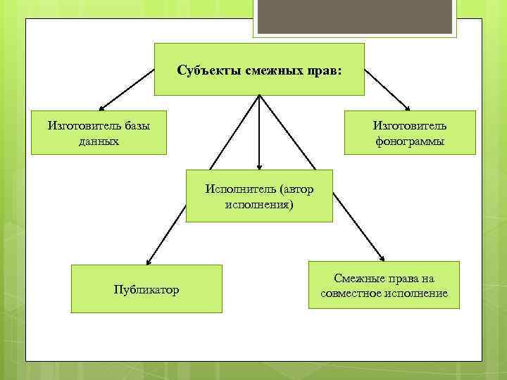 Субъекты смежных прав: Изготовитель базы данных Изготовитель фонограммы Исполнитель (автор исполнения) Публикатор Смежные права