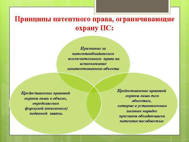 Принципы патентного права, ограничивающие охрану ПС: Признание за патентообладателем исключительного права на использование запатентованного