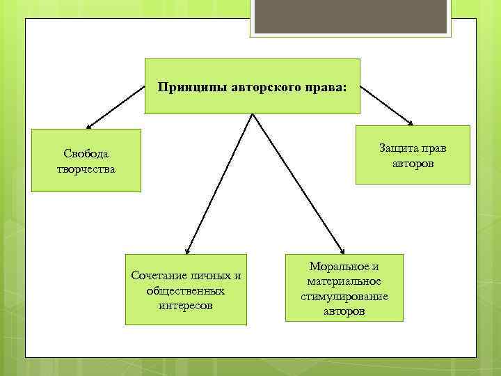 Принципы авторского права: Защита прав авторов Свобода творчества Сочетание личных и общественных интересов Моральное
