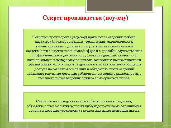 Секрет производства (ноу-хау) Секретом производства (ноу-хау) признаются сведения любого характера (производственные, технические, экономические, организационные