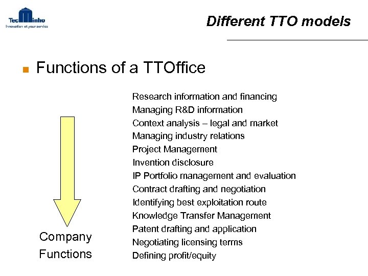 Different TTO models n Functions of a TTOffice Company Functions Research information and financing