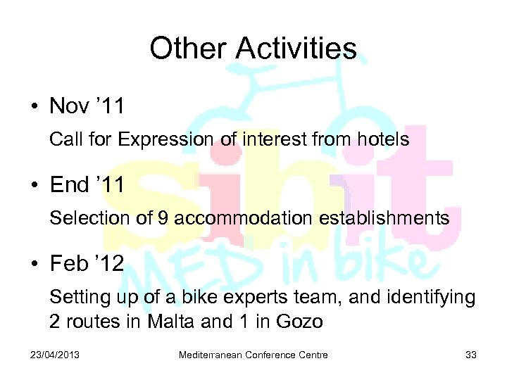 Other Activities • Nov ’ 11 Call for Expression of interest from hotels •